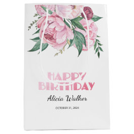 グリッターピンク牡丹フローラ緑誕生日 ミディアムペーパーバッグ