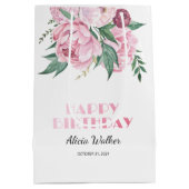 グリッターピンク牡丹フローラ緑誕生日 ミディアムペーパーバッグ (裏面)