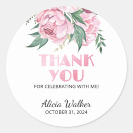 グリッターピンク牡丹フローラ緑誕生日 ラウンドシール