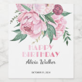 グリッターピンク牡丹フローラ緑誕生日 ワインラベル (シングルラベル)