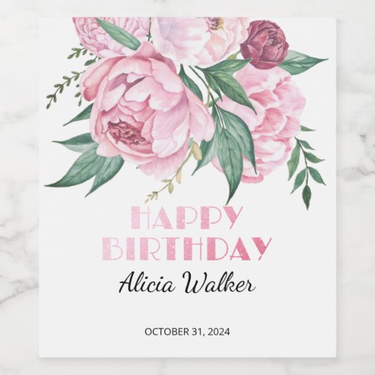 グリッターピンク牡丹フローラ緑誕生日 ワインラベル (シングルラベル)