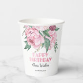 グリッターピンク牡丹フローラ緑誕生日 紙コップ (正面)