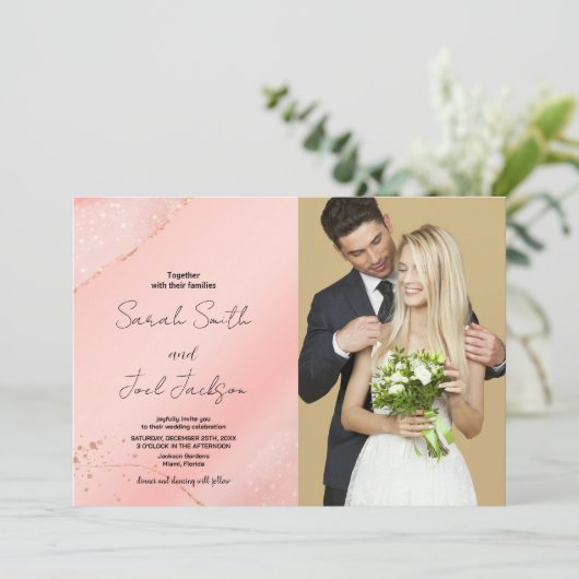 グリッターピンク結婚式招待状と写真 招待状 (スタンド正面)