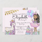 グリッターピンク誕生日アフリカンユニコーン 招待状 (正面/裏面)
