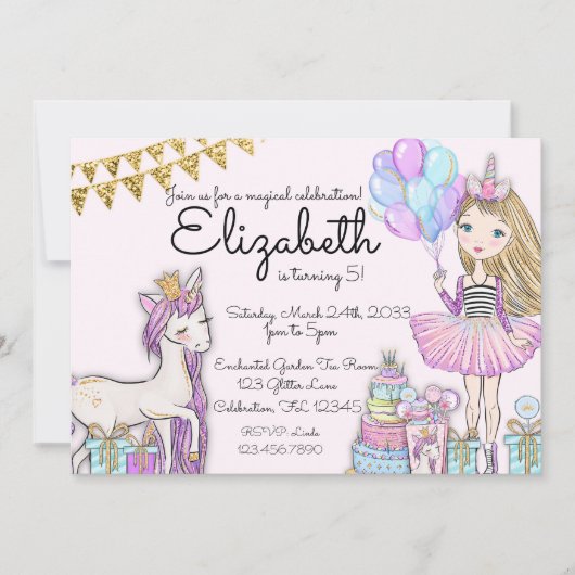 グリッターピンク誕生日ブロンドガールユニコーン 招待状 (正面)