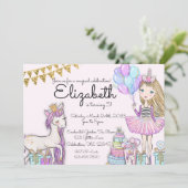 グリッターピンク誕生日ブロンドガールユニコーン 招待状 (スタンド正面)