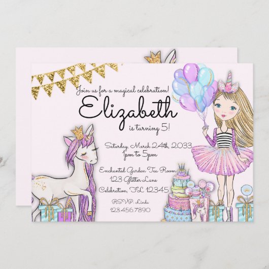 グリッターピンク誕生日ブロンドガールユニコーン 招待状 (正面/裏面)