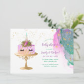 グリッターピンク金ゴールドユニコーンケーキ赤ちゃんシャワーガール 招待状 (スタンド正面)