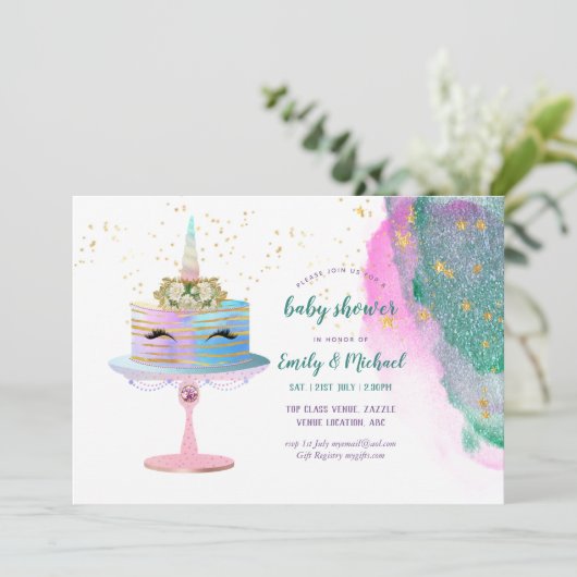 グリッターピンク金ゴールドユニコーンケーキ赤ちゃんシャワーガール 招待状 (スタンド正面)