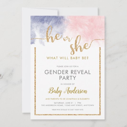 グリッターピンク&ネイビーブルウォーター色ジェンダーの表示 招待状 (正面)