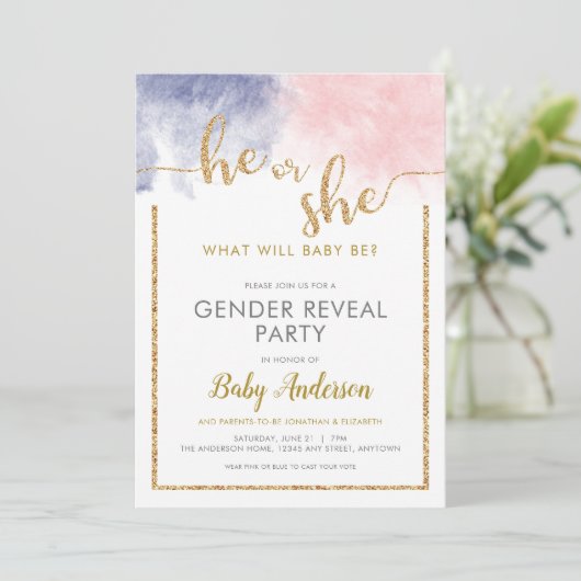 グリッターピンク&ネイビーブルウォーター色ジェンダーの表示 招待状 (スタンド正面)