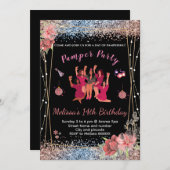 グリッターピンク/黒の女10代のの子パンパーパーティー招待状 招待状 (正面/裏面)