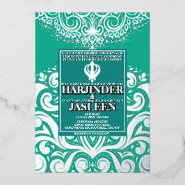 グリッターピーコックシルバーシーク結婚アナンド 箔招待状