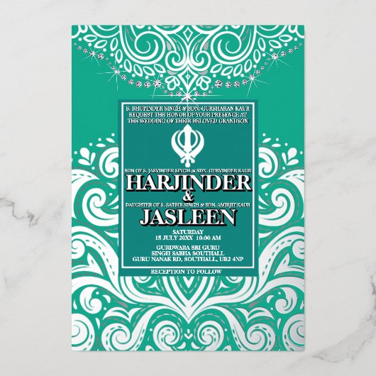 グリッターピーコックシルバーシーク結婚アナンド 箔招待状 (正面)