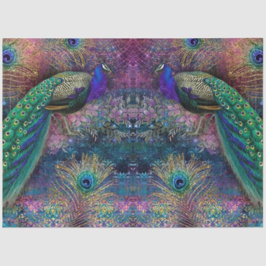 グリッターピーコックスエレガント羽ピンクのデコパージュ 薄葉紙 (正面)