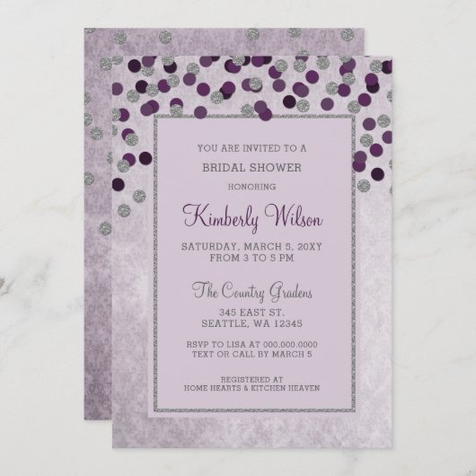 グリッターフェイクシルバーパープル紙吹雪ブライダルシャワー 招待状 (正面/裏面)