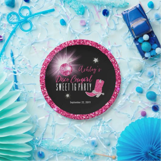 グリッターフェイクピンクディスコ女性のカーボーイスウィート16パーティー ペーパープレート (パーティー)