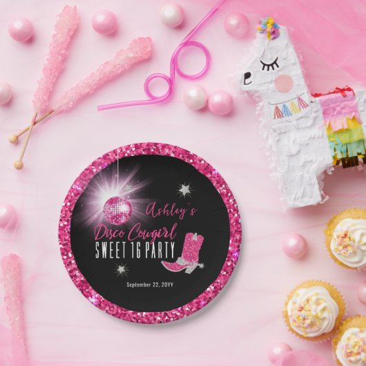 グリッターフェイクピンクディスコ女性のカーボーイスウィート16パーティー ペーパープレート (パーティー)