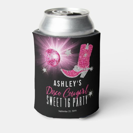 グリッターフェイクピンクディスコ女性のカーボーイスウィート16パーティー 缶クーラー (缶裏面)