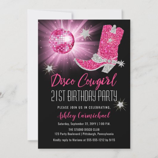 グリッターフェイクピンクディスコ女性のカーボーイ21バースデーパーティー 招待状 (正面)
