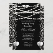 グリッターフェイクフォイル銀バルーンブラック誕生日 招待状 (正面/裏面)