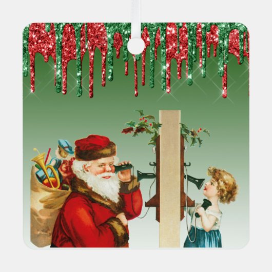 グリッターフェイクヴィンテージサンタアンドガールオンテレフォン メタルオーナメント (正面)