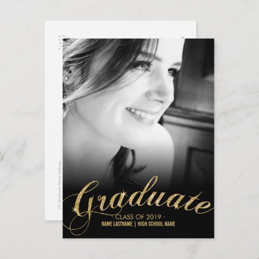 グリッターフェイク金ゴールド大学院写真はがき招待状 インビテーションポストカード (正面/裏面)