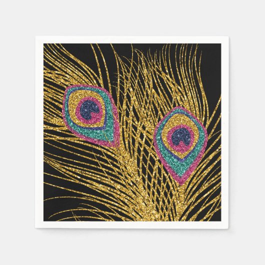 グリッターフェイク金ゴールド孔雀の羽根 スタンダードカクテルナプキン (正面)