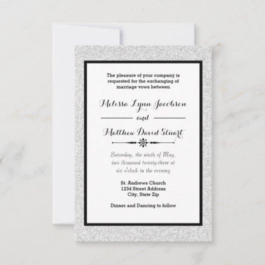 グリッターフェイク&ブラックフレーム3x5結婚式招待状 招待状 (正面)