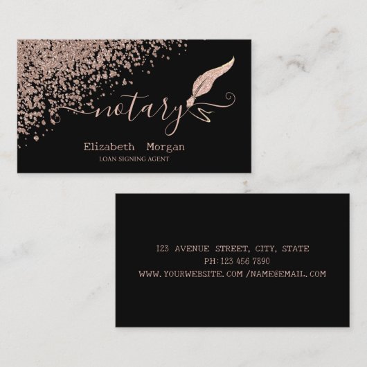 グリッターフェザー公証人バラ金ゴールドダイヤモンドブラック 名刺 (正面/裏面)