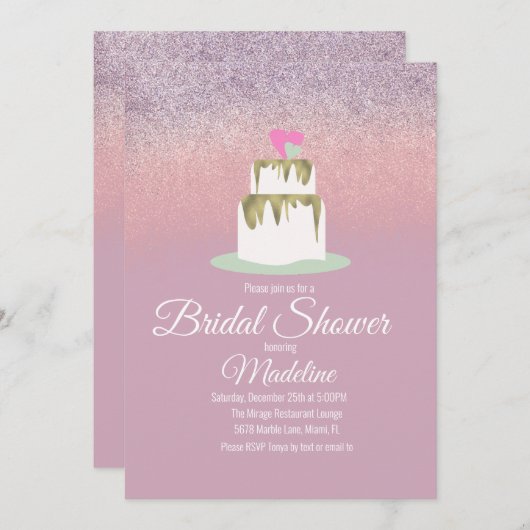 グリッターフォイル結婚ズケーキティエブライダルシャワー 招待状 (正面/裏面)