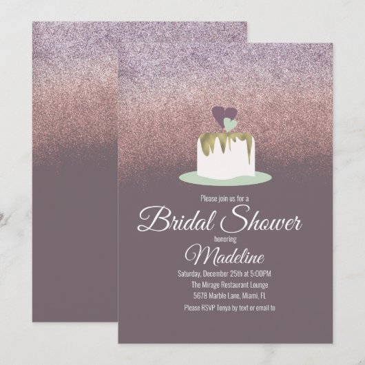グリッターフォイル結婚ズケーキワンティアブライダルシャワー 招待状 (正面/裏面)