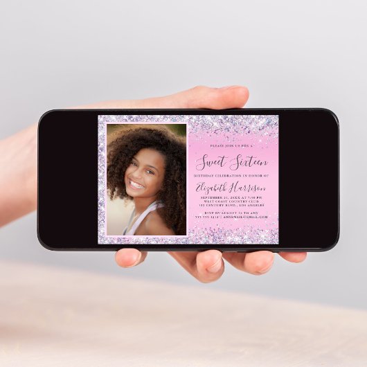 グリッターフォトピンク甘い16誕生日パーティー 招待状