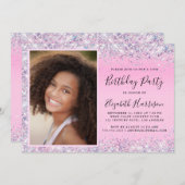 グリッターフォトピンク15th誕生日パーティーへの招待 招待状 (正面/裏面)