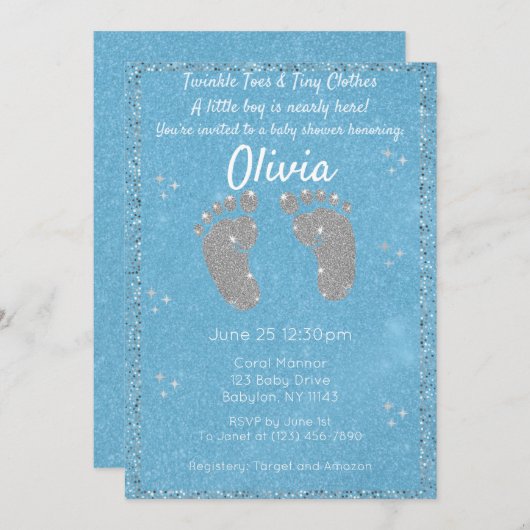 グリッターフットプリント赤ちゃんシャワー招待状 招待状 (正面/裏面)
