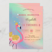 グリッターフラミンゴパステルホログラフィカラフルック 招待状 (正面/裏面)