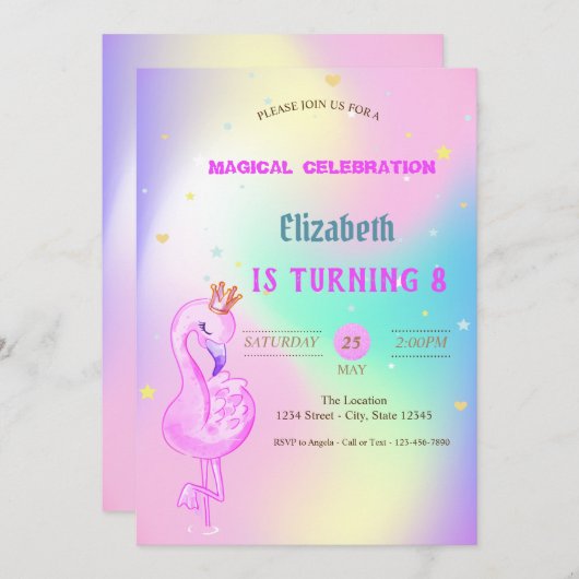 グリッターフラミンゴ、クラウンホログラフィグラデーションック誕生日 招待状 (正面/裏面)