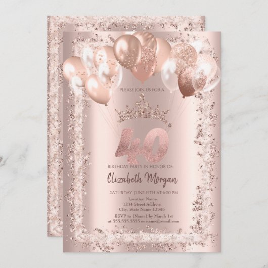 グリッターフレーム、クラウン、バルーン40歳の誕生日 招待状 (正面/裏面)