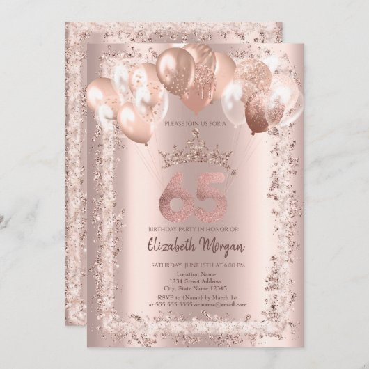 グリッターフレーム、クラウン、バルーン65誕生日 招待状 (正面/裏面)