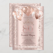 グリッターフレーム、クラウン、バルーン80誕生日 招待状 (正面/裏面)