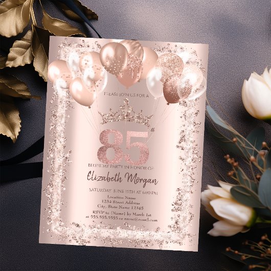 グリッターフレーム、クラウン、バルーン85誕生日 招待状