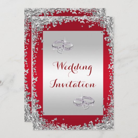 グリッターフレーム&ダ結婚イヤモンドの結婚リングや輪 招待状 (正面/裏面)