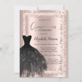 グリッターフレーム、ブラックドレスバラ金ゴールド15誕生日 招待状 (正面)