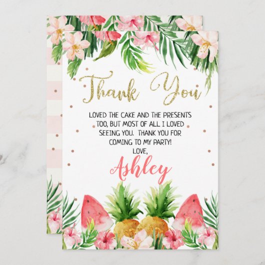 グリッターフローラハワイアン誕生日サンキューカード 招待状 (正面/裏面)