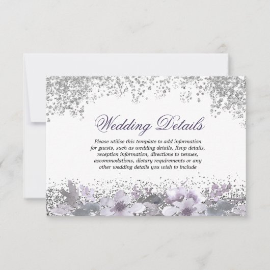 グリッターフローラパープルウェディングレセプション詳細 招待状 (正面)