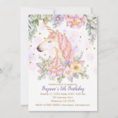 グリッターフローラユニコーンガールズモダンバースデーパーティー 招待状 (正面)
