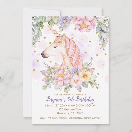 グリッターフローラユニコーンガールズモダンバースデーパーティー 招待状 (正面)