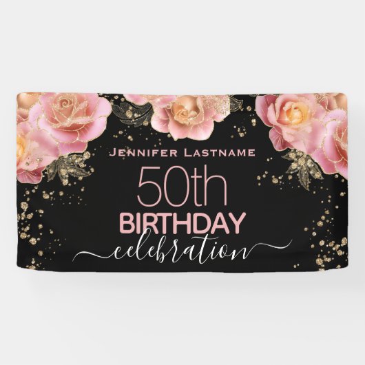グリッターフローラ任意の年の誕生日パーティバナー 横断幕 (横)