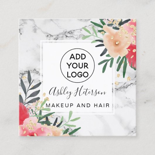 グリッターフローラ水彩大理石ロゴヘア化粧 スクエア名刺 (正面)
