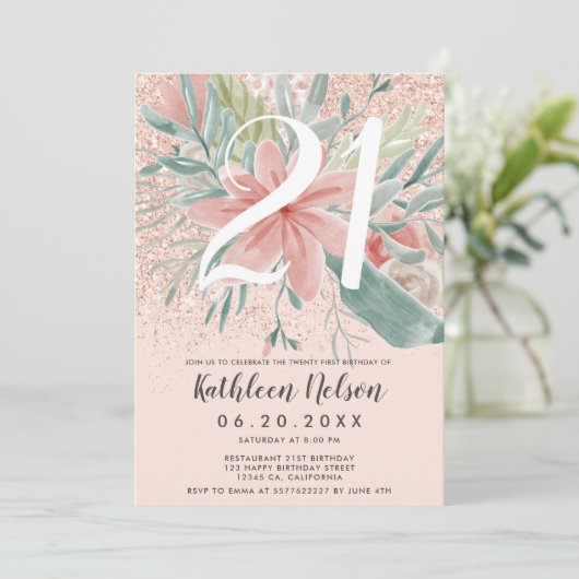 グリッターフローラ水彩赤面ピンク21歳の誕生日 招待状 (スタンド正面)